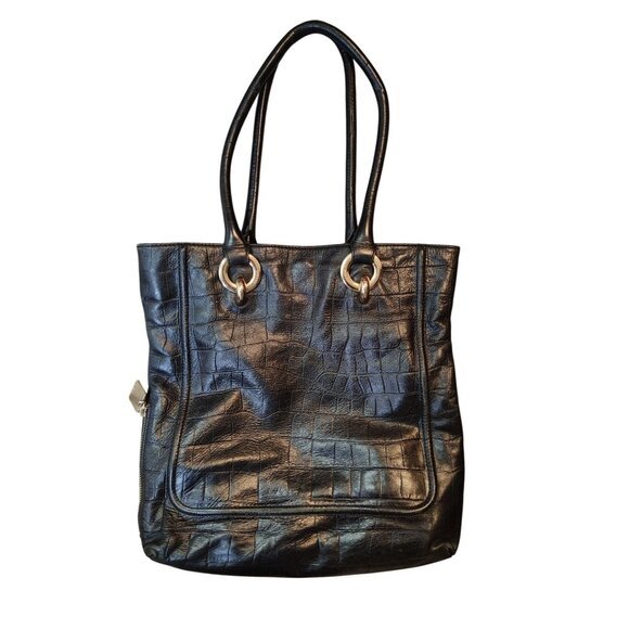 Jaeger Black Leather Faux Croc Purse Handbag Double Top Handle Strap, Vintage - Picture 1 of 8